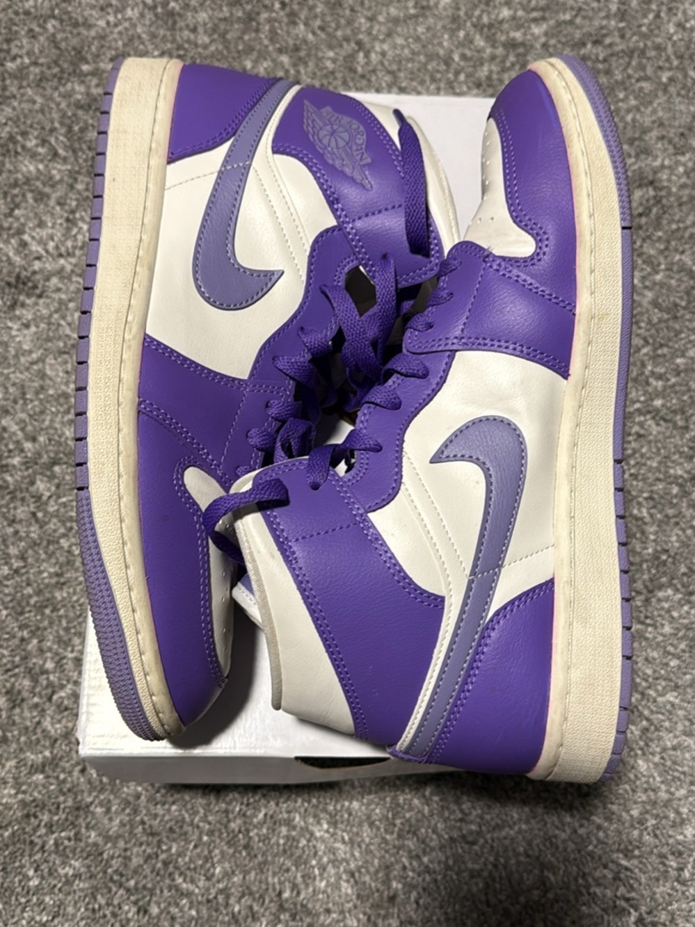 Nike Women’s Air Jordan 1 Mid Sneakers in White and Purple 10.5